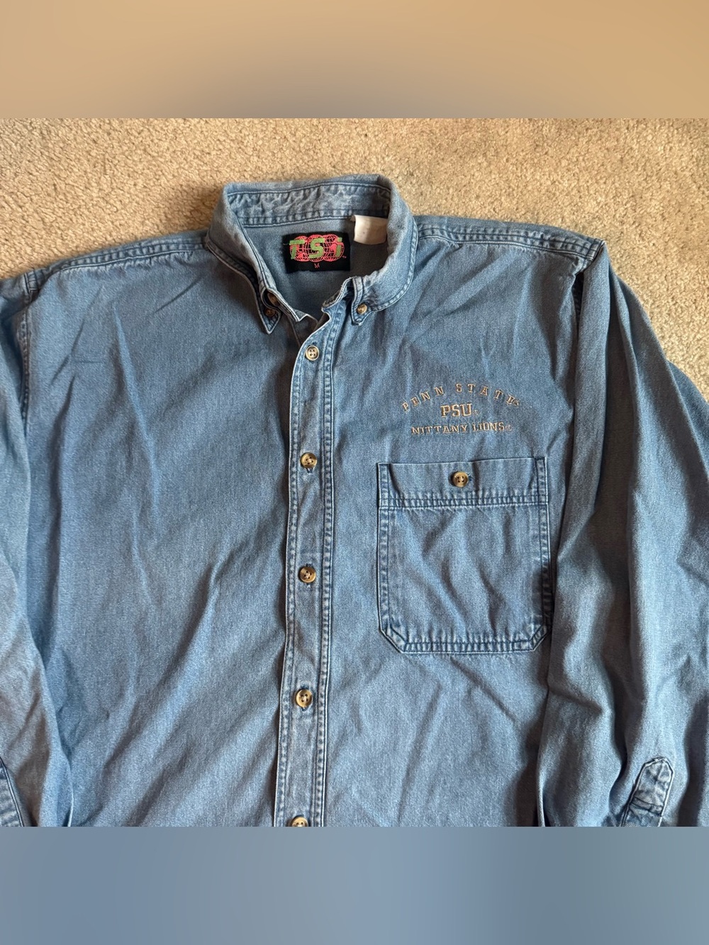 Vintage 90s Penn State PSU Denim Button Up Long Sleeve Shirt Embroidered M